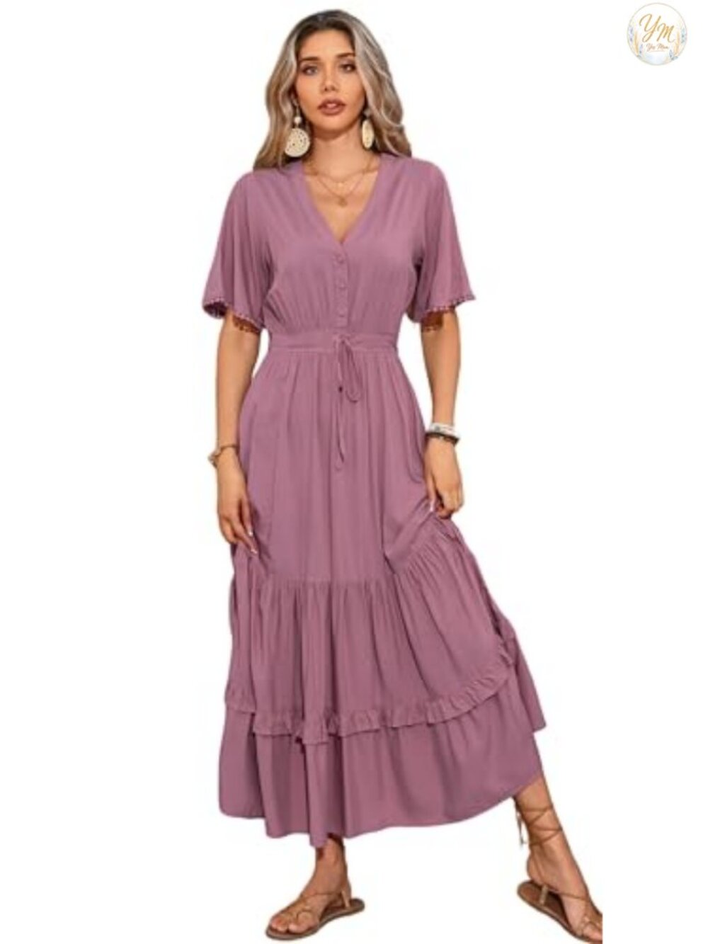 R.Vivimos Floral Print Boho Midi Dress V-Neck Button Short Sleeve Summer Casual